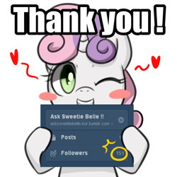 Size: 1000x1000 | Tagged: safe, artist:maren, imported from derpibooru, sweetie belle, pony, unicorn, 2013, asksweetiebelle-kor, blush sticker, blushing, bust, female, filly, foal, followers, grin, heart, hoof hold, looking at you, old art, one eye closed, simple background, smiling, solo, tumblr, white background, wink