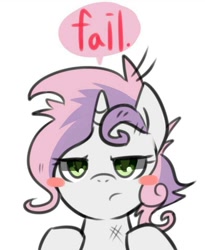 Size: 663x810 | Tagged: safe, artist:maren, imported from derpibooru, sweetie belle, pony, unicorn, 2013, blush sticker, blushing, bust, fail, female, filly, foal, looking at you, messy mane, old art, portrait, simple background, solo, speech bubble, sweetie fail, unamused, white background