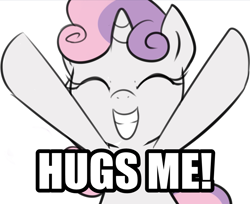 Size: 995x813 | Tagged: safe, artist:maren, imported from derpibooru, sweetie belle, pony, unicorn, 2013, bust, caption, eyes closed, female, filly, foal, grin, hooves up, image macro, incoming hug, old art, simple background, smiling, solo, text, white background