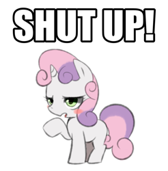 Size: 1317x1339 | Tagged: safe, artist:maren, imported from derpibooru, sweetie belle, pony, unicorn, 2013, blush sticker, blushing, caption, female, filly, foal, image macro, old art, open mouth, raised hoof, reaction image, shut up, simple background, solo, text, unamused, white background