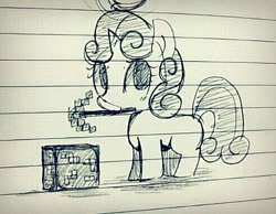 Size: 492x381 | Tagged: safe, artist:maren, imported from derpibooru, sweetie belle, pony, unicorn, 2013, doodle, female, filly, foal, lined paper, minecraft, mouth hold, old art, pickaxe, smiling, solo, traditional art