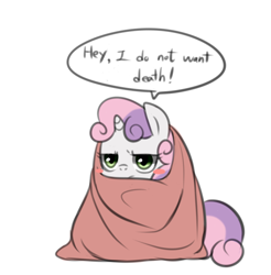 Size: 1456x1480 | Tagged: safe, artist:maren, imported from derpibooru, sweetie belle, pony, unicorn, 2013, blanket, blush sticker, blushing, cute, female, filly, foal, old art, simple background, solo, speech bubble, unamused, white background, wrapped up