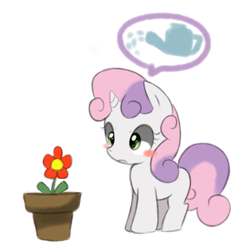 Size: 1245x1313 | Tagged: safe, artist:maren, imported from derpibooru, sweetie belle, pony, unicorn, 2013, blush sticker, blushing, female, filly, flower, flower pot, foal, frown, old art, pictogram, simple background, solo, watering can, white background