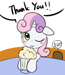 Size: 1240x1428 | Tagged: safe, artist:maren, imported from derpibooru, button mash, sweetie belle, earth pony, pony, unicorn, 2013, bits, blush sticker, blushing, cute, diasweetes, female, filly, floppy ears, foal, milkshake, milkshake ponies, offscreen character, old art, one eye closed, simple background, solo, straw, table, thank you, white background