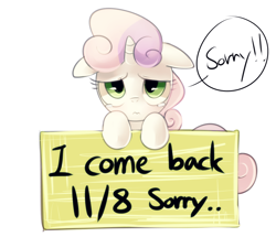 Size: 1200x1033 | Tagged: safe, artist:maren, imported from derpibooru, sweetie belle, pony, unicorn, 2013, asksweetiebelle-kor, female, filly, foal, looking at you, old art, sad, sign, simple background, solo, sorry, speech bubble, teary eyes, wavy mouth, white background