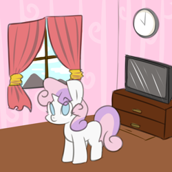 Size: 1000x1000 | Tagged: safe, artist:maren, imported from derpibooru, sweetie belle, pony, unicorn, 2013, clock, female, filly, foal, looking at you, no pupils, old art, room, simple background, solo, standing, television, white background, window