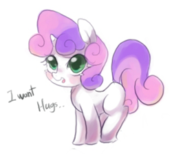 Size: 600x534 | Tagged: safe, artist:maren, imported from derpibooru, sweetie belle, pony, unicorn, 2013, blushing, bronybait, cute, dialogue, diasweetes, female, filly, foal, hug request, looking at you, lowres, old art, simple background, solo, talking to viewer, white background