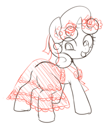 Size: 1237x1408 | Tagged: safe, artist:maren, imported from derpibooru, sweetie belle, pony, unicorn, 2014, butt, clothes, dress, female, filly, floral head wreath, flower, foal, looking back, old art, plot, rear view, see-through, sketch, solo, wip