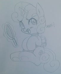 Size: 1784x2162 | Tagged: safe, artist:maren, imported from derpibooru, sweetie belle, pony, unicorn, 2017, angry, backpack, cute, diasweetes, doodle, female, filly, foal, frying pan, glowing, glowing horn, hooves to the chest, horn, korean, levitation, magic, magic aura, old art, open mouth, playerunknown's battlegrounds, sitting, solo, telekinesis, traditional art