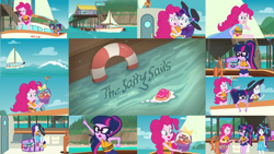 Size: 1280x721 | Tagged: safe, editor:quoterific, imported from derpibooru, pinkie pie, rarity, sci-twi, twilight sparkle, human, equestria girls, equestria girls series, the salty sails, basket, bikini, boat, clothes, female, hat, lifejacket, one-piece swimsuit, sail, sarong, swimsuit, trio, trio female, wet