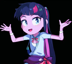Size: 576x512 | Tagged: safe, editor:luckreza8, imported from derpibooru, twilight sparkle, human, equestria girls, :d, ai content, ai generated, anime, black background, female, generator:pinegraph, open mouth, open smile, simple background, smiling, solo
