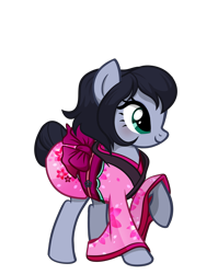 Size: 1832x2302 | Tagged: safe, artist:pandan009, derpibooru exclusive, imported from derpibooru, oc, oc only, oc:yasei urami, earth pony, derpibooru community collaboration, clothes, earth pony oc, high res, kimono (clothing), ribbon, show accurate, simple background, smiling, solo, transparent background