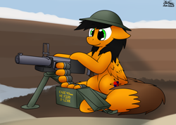 Size: 2553x1821 | Tagged: safe, artist:the-furry-railfan, imported from derpibooru, oc, oc only, oc:twintails, pegasus, ammunition, ammunition belt, box, brodie helmet, grenade launcher, gun, helmet, machine gun, p 235, pegasus oc, sandbag, snow, this will end in balloons, weapon