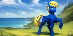 Size: 4096x2048 | Tagged: safe, imported from derpibooru, oc, oc only, oc:thunder lightning, pegasus, pony, ai content, ai generated, detailed background, male, ocean, pegasus oc, scenery, solo, sternocleidomastoid, water