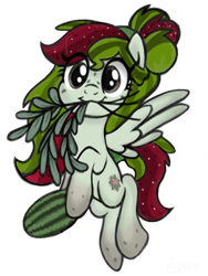 Size: 768x1024 | Tagged: safe, artist:sjart117, imported from derpibooru, oc, oc only, oc:watermelana, pegasus, pony, :3, colored sketch, female, flying, food, freckles, gradient hooves, herbs, hoof hold, looking at you, mare, mouth hold, pegasus oc, simple background, solo, watermelon, white background, wings