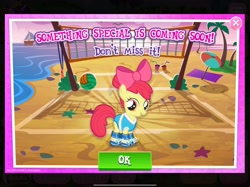 Size: 2048x1535 | Tagged: safe, imported from derpibooru, screencap, apple bloom, earth pony, pony, beach, bow, clothes, female, filly, foal, gameloft, my little pony: magic princess, outfit, shoes, solo, summer, text