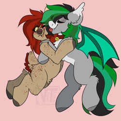 Size: 1500x1500 | Tagged: source needed, safe, artist:vashtwiist, imported from derpibooru, oc, oc:frieda, oc:geo, bat pony, deer, bat pony oc, collar, deer oc, licking, non-pony oc, tongue out