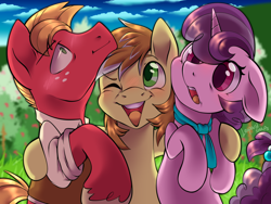 Size: 4000x3000 | Tagged: safe, artist:leopardsnaps, imported from derpibooru, big macintosh, feather bangs, sugar belle, earth pony, pony, unicorn, apple, apple tree, bisexual, bisexuality, blushing, clothes, commissioner:briarlight, fanfic art, farm, feathermac, female, freckles, gay, happy, high res, hug, male, mare, older big macintosh, older feather bangs, older sugar belle, polyamory, scarf, shipping, stallion, straight, sugarbangs, sugarbangsmac, sugarmac, surprised, tree, trio, unshorn fetlocks, vest
