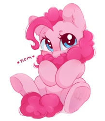 Size: 925x1064 | Tagged: safe, artist:melodylibris, imported from derpibooru, pinkie pie, earth pony, pony, biting, cute, daaaaaaaaaaaw, diapinkes, ear fluff, female, looking at you, mane bite, mare, nom, pinkie being pinkie, ponk, simple background, sitting, solo, tail, weapons-grade cute, white background