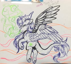 Size: 2362x2139 | Tagged: safe, artist:sweetmelon556, imported from derpibooru, oc, oc:toxic demise, pegasus, pony, flying, frog (hoof), horns, looking at you, looking back, looking back at you, male, marker drawing, nose wrinkle, pegasus oc, raised hoof, solo, spread wings, stallion, traditional art, underhoof, windswept mane, wings