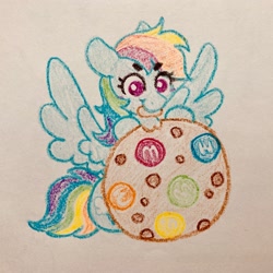 Size: 2782x2782 | Tagged: safe, artist:pink-pone, imported from derpibooru, rainbow dash, pegasus, pony, blush sticker, blushing, chocolate, cookie, crayon drawing, cute, dashabetes, eye clipping through hair, eyebrows, eyebrows visible through hair, food, m&m's, solo, spread wings, traditional art, wings