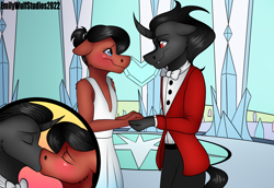 Size: 8000x5500 | Tagged: safe, artist:emilywulfstudios, imported from derpibooru, part of a set, king sombra, oc, oc:benjamin terrance tover, anthro, clothes, crossdressing, crystal empire, crystal heart, dress, eyes closed, gay, kiss on the lips, kissing, male, marriage, wedding, wedding dress