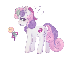 Size: 1688x1416 | Tagged: safe, artist:soudooku, imported from derpibooru, sweetie belle, pony, unicorn, butt, candy, curved horn, dock, ear fluff, female, filly, foal, food, glowing, glowing horn, horn, lollipop, looking back, magic, magic aura, plot, question mark, simple background, solo, tail, telekinesis, white background