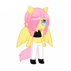 Size: 1280x1280 | Tagged: source needed, safe, imported from derpibooru, fluttershy, anthro, human, alternate universe, belly, binder, clothes, gacha, gacha club, gacha life, lgbt, lgbtq, male, pants, pony ears, simple background, solo, trans male, transgender, white background, wings