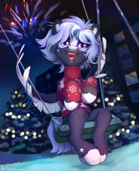 Size: 3000x3700 | Tagged: safe, artist:mithriss, imported from derpibooru, oc, oc only, pegasus, pony, christmas, christmas tree, clothes, fireworks, holiday, hooves, male, night, open mouth, open smile, pegasus oc, perspective, smiling, snow, solo, spread wings, stallion, sweater, swing, teeth, tree, wings