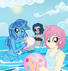 Size: 900x943 | Tagged: safe, artist:jennieoo, imported from derpibooru, oc, oc only, oc:gentle star, oc:ocean soul, oc:shadow dweller, human, equestria girls, beach, beach ball, belly button, bikini, breasts, clothes, cute, equestria girls-ified, eyepatch, happy, humanized, legs in the water, looking at you, ocean, partially submerged, smiling, smiling at you, smirk, story, story included, summer, swimming, swimsuit, trio, water