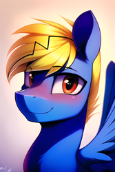Size: 2048x3072 | Tagged: safe, imported from derpibooru, oc, oc only, oc:thunder lightning, pegasus, pony, ai content, ai generated, blushing, bust, looking at you, male, pegasus oc, portrait, simple background, solo