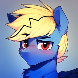 Size: 2560x2560 | Tagged: safe, imported from derpibooru, oc, oc only, oc:thunder lightning, pegasus, pony, ai content, ai generated, blushing, bust, looking at you, male, pegasus oc, portrait, solo