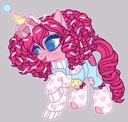 Size: 1280x1222 | Tagged: safe, artist:justsadluna, imported from derpibooru, pinkie pie, earth pony, pony, clothes, female, freckles, hat, mare, overalls, party hat, raised hoof, socks, solo