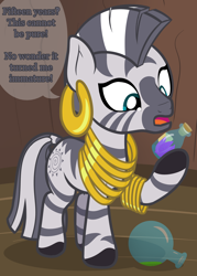 Size: 1064x1482 | Tagged: safe, artist:nitei, imported from derpibooru, zecora, zebra, age regression, atg 2022, bottle, bracelet, dialogue, ear piercing, earring, expiration date, female, filly, filly zecora, foal, herbs, jewelry, looking at something, magical mishap, neck rings, newbie artist training grounds, open mouth, piercing, potion, rhyme, show accurate, solo, speech bubble, surprised, too big, younger