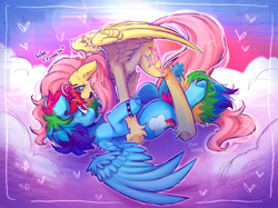 Size: 2732x2048 | Tagged: safe, artist:yumkandie, imported from derpibooru, fluttershy, rainbow dash, pegasus, pony, chest fluff, cloud, cute, cute little fangs, dialogue, duo, ear fluff, eye contact, fangs, female, flutterdash, freckles, heart, high res, lesbian, looking at each other, looking at someone, lying down, mare, nervous sweat, on a cloud, on back, open mouth, outdoors, piercing, pinned, shipping, spread wings, standing, sweat, the lion king, unshorn fetlocks, wingding eyes, wings