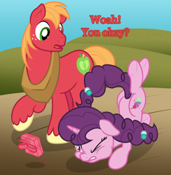 Size: 1950x2000 | Tagged: safe, artist:nitei, imported from derpibooru, big macintosh, sugar belle, earth pony, pony, unicorn, atg 2022, bouncing, butt, concerned, dialogue, duo, faceplant, falling, female, floppy ears, gritted teeth, looking at someone, male, mare, newbie artist training grounds, one eye closed, open mouth, ouch, plot, present, pun, raised hoof, shipping, show accurate, stallion, straight, sugarmac, teeth, tripping, underhoof, unshorn fetlocks, visual pun