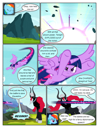 Size: 612x792 | Tagged: safe, artist:newbiespud, edit, edited screencap, imported from derpibooru, screencap, lord tirek, rainbow dash, twilight sparkle, alicorn, centaur, pony, taur, comic:friendship is dragons, twilight's kingdom, comic, dialogue, female, flying, horns, mare, outdoors, screencap comic, twilight sparkle (alicorn), underhoof