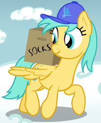 Size: 1470x1789 | Tagged: safe, artist:nitei, imported from derpibooru, sunshower raindrops, pegasus, pony, atg 2022, box, cardboard box, carrying, cloud, delivery pony, female, hat, implied socks, looking back, mare, moving, newbie artist training grounds, on a cloud, show accurate, smiling, solo, spread wings, trotting, wings