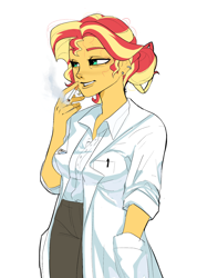 Size: 1336x1876 | Tagged: safe, artist:aztrial, imported from derpibooru, sunset shimmer, human, equestria girls, cigarette, clothes, ear piercing, earring, hair bun, jewelry, lab coat, messy hair, older, older sunset, pants, piercing, shirt, smoking, solo, tired