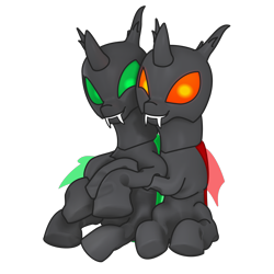 Size: 4000x4000 | Tagged: safe, artist:rumstone, artist:shifttgc, derpibooru exclusive, imported from derpibooru, oc, oc only, oc:rumstone, oc:shift changeling, changeling, derpibooru community collaboration, 2023 community collab, changeling ears, changeling oc, collaboration, fangs, green changeling, green eyes, happy, high res, horn, hug, krita, male, red changeling, red eyes, simple background, sitting, smiling, teeth, transparent background, wings
