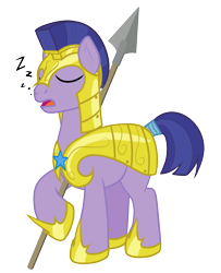 Size: 1361x1680 | Tagged: safe, artist:nitei, imported from derpibooru, earth pony, pony, armor, asleep on the job, eyes closed, lazy, male, onomatopoeia, open mouth, royal guard, royal guard armor, show accurate, simple background, sleeping, sleeping while standing, solo, sound effects, spear, stallion, standing, transparent background, weapon, zzz