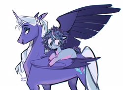 Size: 3104x2284 | Tagged: safe, artist:peachmichea, imported from derpibooru, opaline arcana, alicorn, pony, unicorn, spoiler:g5, cute, duo, female, filly, filly misty brightdawn, foal, freckles, g5, looking at someone, looking back, looking down, mama opaline, mare, markings, misty brightdawn, misty riding opaline, mistybetes, nicealine, one wing out, open mouth, open smile, ponies riding ponies, riding, simple background, smiling, sternocleidomastoid, white background, wings, younger