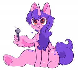 Size: 1967x1791 | Tagged: safe, artist:spookyfoxinc, imported from derpibooru, oc, oc only, alicorn, pony, alicorn oc, heart, heart eyes, horn, microphone, pink, simple background, sitting, solo, white background, wing hands, wing hold, wingding eyes, wings