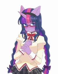 Size: 2385x3000 | Tagged: safe, artist:exxi00, imported from derpibooru, twilight sparkle, anthro, unicorn, anime, blushing, bow, braid, braided pigtails, clothes, cosplay, costume, cute, embarrassed, glasses, hair bow, hairband, homura akemi, looking at you, magical girl, meganekko, neck bow, pigtails, puella magi madoka magica, school uniform, schoolgirl, shirt, simple background, skirt, smiling, solo, twiabetes, twintails, white background