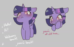 Size: 1662x1069 | Tagged: safe, artist:luxaestas, imported from derpibooru, twilight sparkle, alicorn, pony, :<, blushing, chibi, crying, dialogue, gray background, simple background, smiling, solo, tears of joy, teary eyes, twilight sparkle (alicorn)