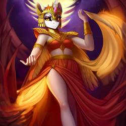 Size: 1673x1673 | Tagged: safe, editor:mr-bat, imported from derpibooru, daybreaker, alicorn, anthro, unguligrade anthro, ai content, ai generated, arms in the air, breasts, clothes, egyptian, egyptian headdress, fingers, fire, fishnets, gem, generator:stable diffusion, hand, jewelry, legs, looking at you, low angle, mane of fire, pony ears, smiling, smiling at you, tattoo, wings, wings down