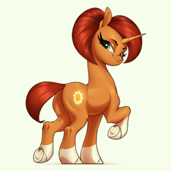 Size: 3030x3030 | Tagged: safe, artist:aquaticvibes, imported from derpibooru, stellar flare, pony, unicorn, butt, coat markings, female, high res, looking back, mare, plot, raised hoof, simple background, smiling, smirk, socks (coat markings), solo, underhoof, white background