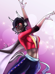 Size: 3200x4300 | Tagged: safe, artist:blackblood-queen, imported from derpibooru, oc, oc only, oc:damion bates, anthro, bat pony, unguligrade anthro, bat pony oc, breasts, clothes, commission, dancing, digital art, fangs, female, lipstick, makeup, mare, one eye closed, rule 63, sharp nails, smiling, solo, wink