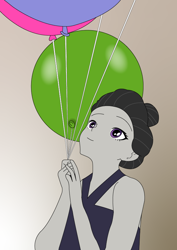 Size: 596x842 | Tagged: safe, artist:hakdurbin, imported from derpibooru, octavia melody, human, equestria girls, alternate hairstyle, balloon, clothes, dress, gradient background, shoulderless