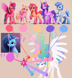 Size: 1280x1386 | Tagged: safe, artist:luminousdazzle, edit, imported from derpibooru, hitch trailblazer, izzy moonbow, pipp petals, princess celestia, sunny starscout, zipp storm, alicorn, earth pony, pegasus, pony, unicorn, concept art, element of generosity, element of honesty, element of kindness, element of laughter, element of loyalty, element of magic, elements of harmony, g5, meme, misty brightdawn, theory, vector